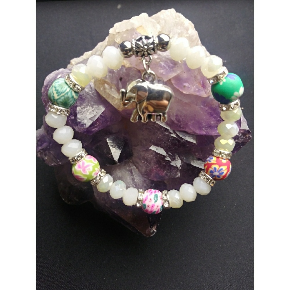Elephant White Glass & Diamond Stretch Braclet   